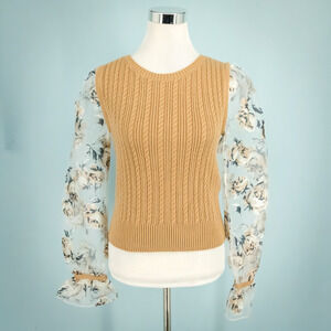 Maeve Anthropologie Size Small Tan Cable Contrast Sheer Floral Sleeve Sweater